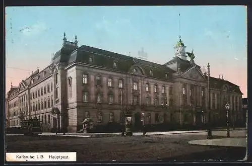 AK Karlsruhe i. B., Hauptpost mit Strassenbahn