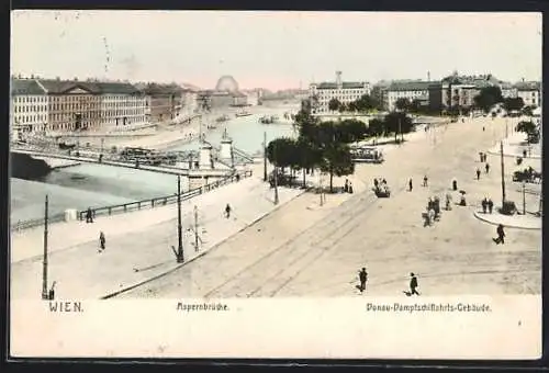 AK Wien, Donau-Dampfschiffahrts-Gebäude und Aspernbrücke mit Strassenbahn