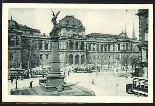 AK Wien, Universität, Strassenbahnen und Denkmal