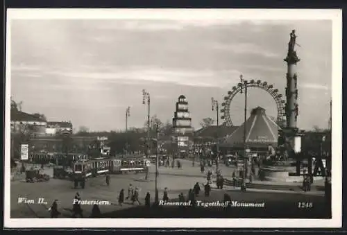 AK Wien, Praterstern mit Riesenrad, Tegetthoff-Monument und Strassenbahn