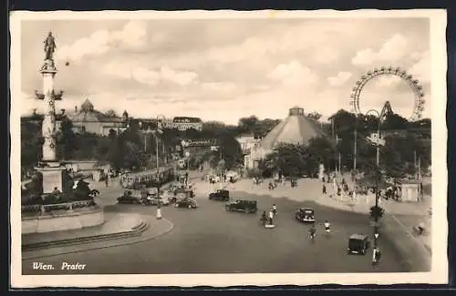 AK Wien, Prater mit Riesenrad, Denkmal und Strassenbahn