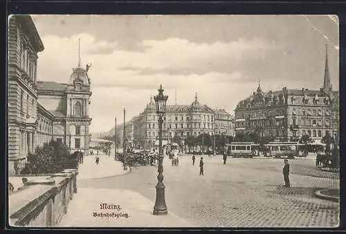 AK Mainz, Bahnhofsplatz mit Strassenbahn