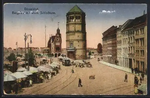 AK Düsseldorf, Burgplatz mit altem Schlossturm und Strassenbahn