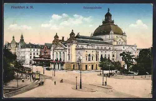 AK Frankfurt a. M., Schauspielhaus mit Strassenbahn