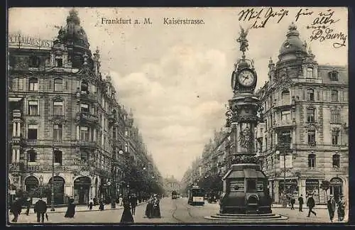 AK Frankfurt a. M., Kaiserstrasse mit Uhrturm und Strassenbahn