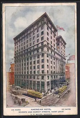 AK Saint Louis, American Hotel, Seventh and Market Streets, Strassenbahn