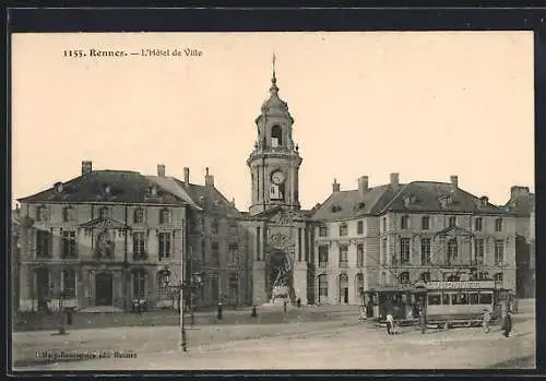 AK Rennes, L`Hôtel de Ville, Strassenbahn