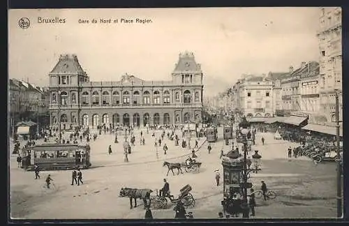 AK Bruxelles, Gare du Nord et Place Rogier, Strassenbahn