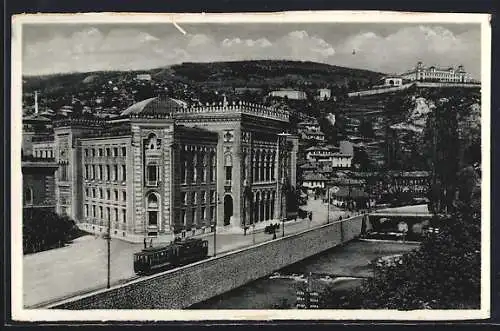 AK Sarajevo, Rathaus mit Strassenbahn