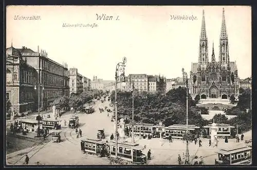 AK Wien, Strassenbahn in der Universitätsstrasse nebst Universität und Votivkirche