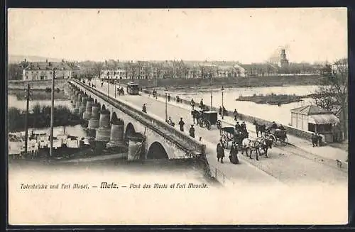 AK Metz, Pont des Morts et Fort Moselle, Strassenbahn