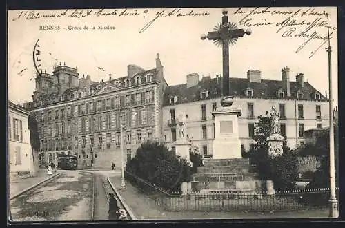 AK Rennes, Croix de la Mission, Strassenbahn