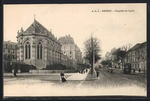 AK Rennes, Chapelle du Lycée, Strassenbahn