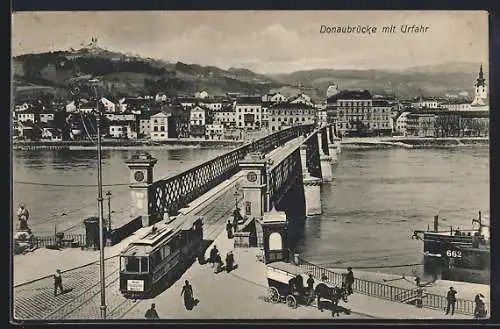 AK Linz-Urfahr, Donaubrücke mit Strassenbahn