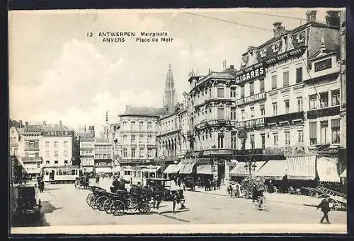 AK Antwerpen, Strassenbahnen am Marktplatz mit Geschäften