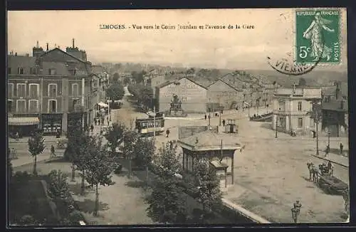 AK Limoges, Vue vers le Cours Jourdan et l`avenue de la Gare, Strassenbahn