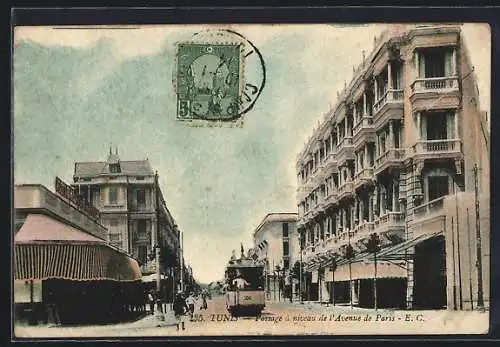 AK Tunis, Passage a niveau de l`Avenue de Paris, Strassenbahn