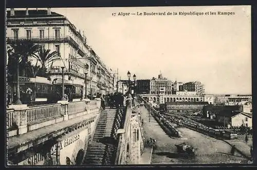 AK Alger, Le Boulevard de la Republique et les Rampes, Strassenbahn