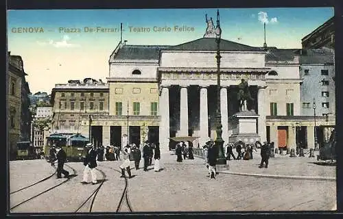 AK Genova, Piazza De-Ferrari, Teatro Carlo Felice, Strassenbahn