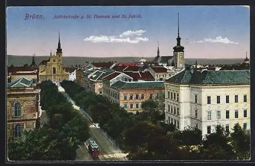 AK Brünn, Strassenbahn auf der Jadokstrasse g. St. Thomas und St. Jakob