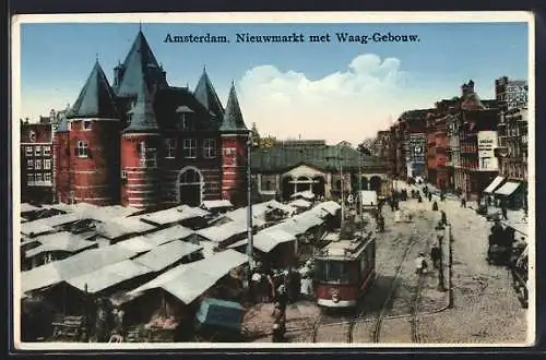 AK Amsterdam, Nieuwmarkt met Waag-Gebouw, Strassenbahn