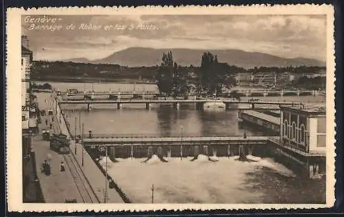 AK Genève, Barrage du Rhone et les 3 Ponts, Strassenbahn