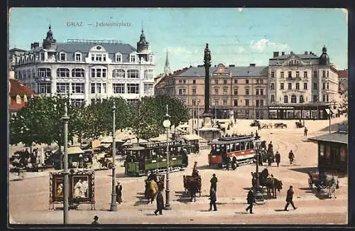 AK Graz, Strassenbahnverkehr auf dem Jakominiplatz