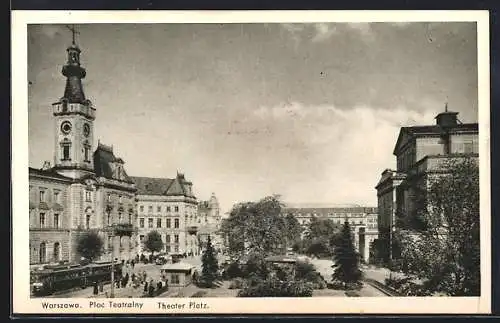 AK Warszawa, Strassenbahn am Theater Platz