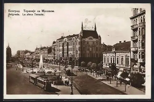 AK Belgrade, La place Terazia, Strassenbahn