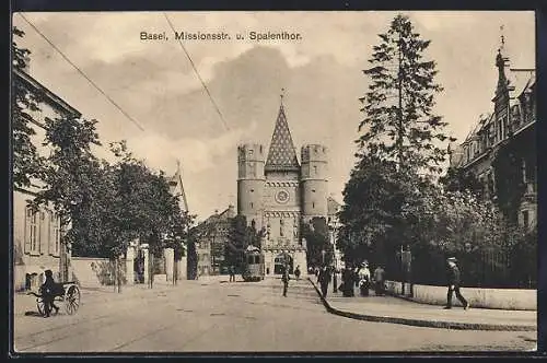 AK Basel, Strassenbahn in der Missionsstrasse und Spalenthor