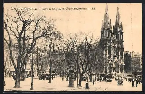 AK Marseille, Cours du Cahpitre et l`Eglise de Reformes, Strassenbahn