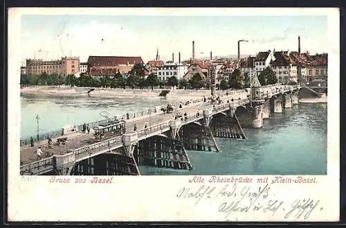 AK Basel, Strassenbahn auf der alten Rheinbrücke mit Klein-Basel