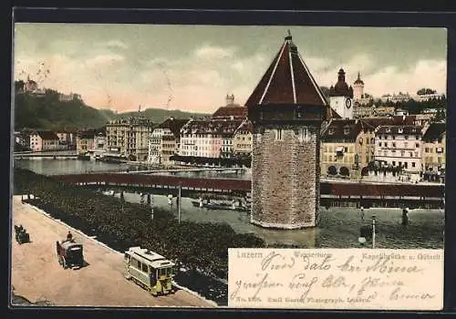 AK Luzern, Strassenbahn am Wasserturm und Kapellbrücke