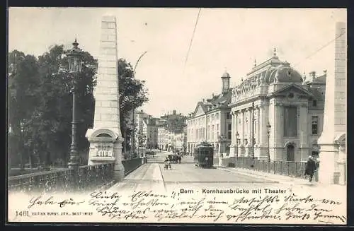 AK Bern, Strassenbahn auf der Kornhausbrücke beim Theater