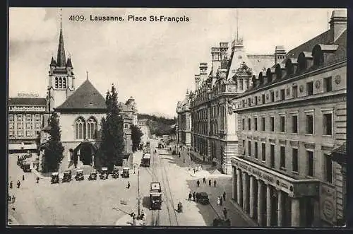 AK Lausanne, Place St. Farncois, Strassenbahn