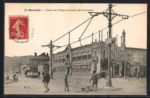 AK Marseille, Casino de la Plage et Chemin de la Corniche, Strassenbahn