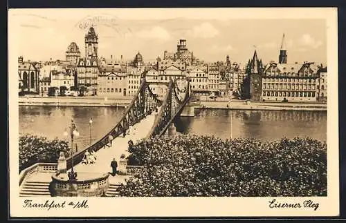 AK Alt-Frankfurt, Eiserner Steg mit Stadtpanorama