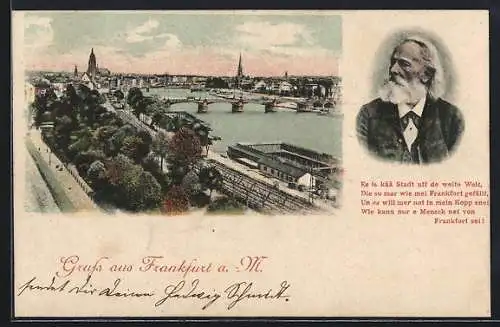 AK Alt-Frankfurt, Teilansicht mit Brücke, Portrait F. Stoltze