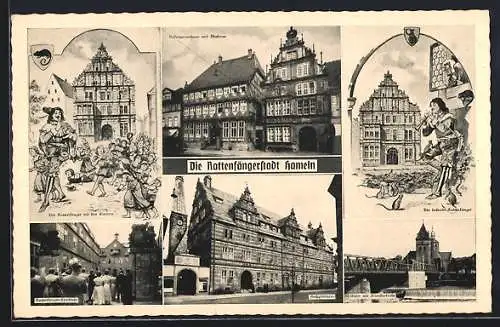 AK Hameln, Stiftsherrenhaus u. Museum, Rattenfänger-Szenen, Hochzeitshaus