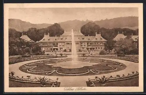 AK Dresden-Pillnitz, Schloss Pillnitz mit Fontänen-Anlage aus der Vogelschau