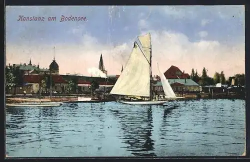 AK Konstanz am Bodensee, Uferpartie mit Segelbooten