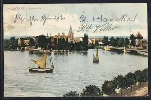 AK Konstanz a. Bodensee, Teilansicht mit Segelbooten