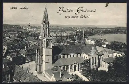 AK Konstanz, Teilansicht mit Kirche, Neujahrsgruss