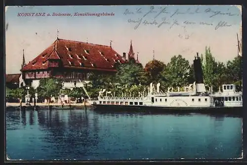 AK Konstanz a. Bodensee, Konciliumsgebäude mit Dampfer Stadt Meersburg