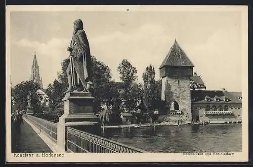 AK Konstanz a. Bodensee, Rheinbrücke und Rheintorturm