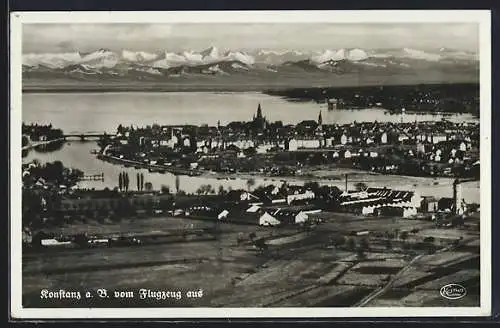 AK Konstanz, Fliegeraufnahme mit Bodensee und Alpen