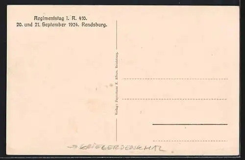 AK Rendsburg, Regimentstag Infanterie-Regiment No. 410 1924, Soldat vor Gedenkstein