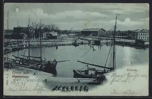 Mondschein-AK Rendsburg, Blick auf die Schleuse