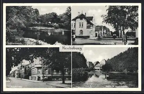 AK Rendsburg, Gerhardsteich, Gerhardstrasse, Adolfstrasse, Partie mit Stadttheater