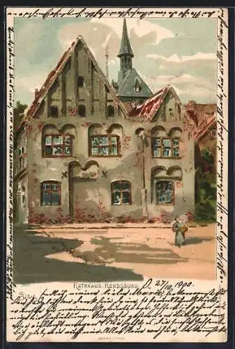 Lithographie Rendsburg, Partie am Rathaus